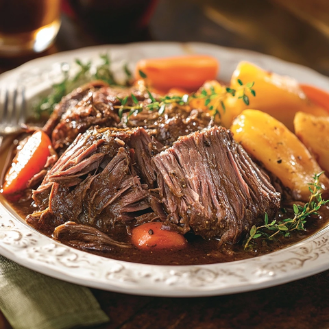 晚餐桌上摆着一盘炖牛肉