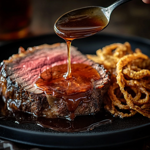 勺子倒汁牛排洋葱