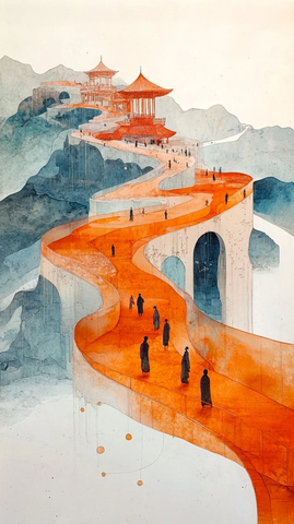 蜿蜒山路上的行人与古亭建筑