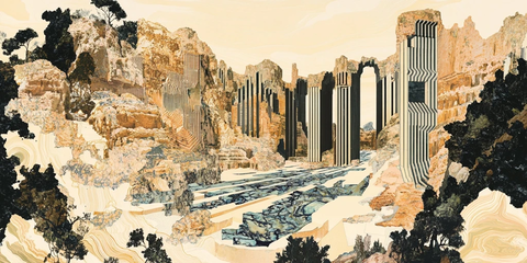 山林中带有残垣断壁的自然景观