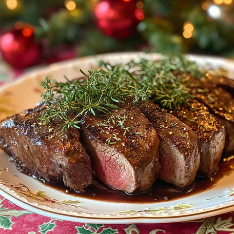 圣诞桌上烤牛肉配香草