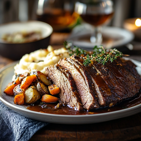 牛肉片配土豆泥烤蔬菜盘