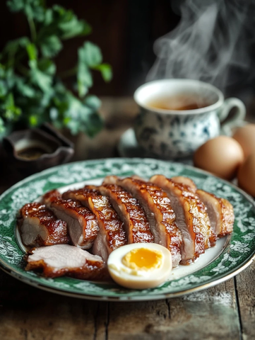 餐桌上的猪肉鸡蛋和茶