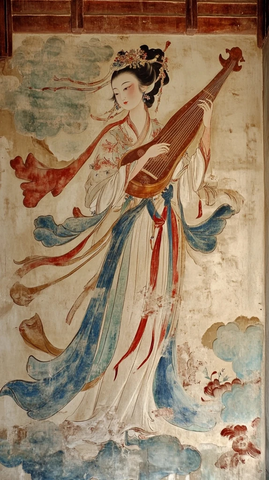 弹琵琶的古代女子壁画