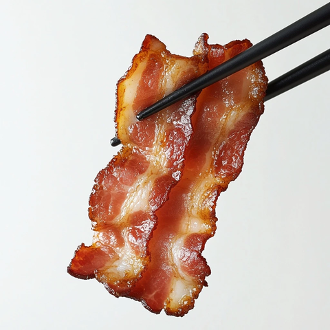 黑色筷子夹起长条培根