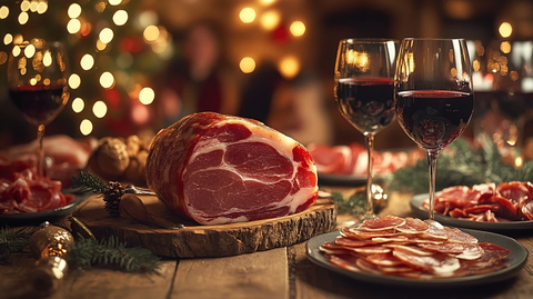 圣诞餐桌木桌火腿酒杯