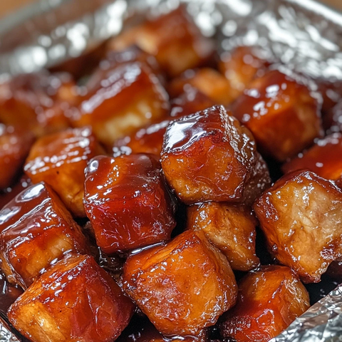 焦糖色烤猪腩肉块锡箔盘