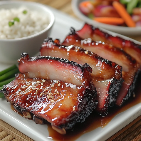 炭烧叉烧肉切片白瓷盘摆放