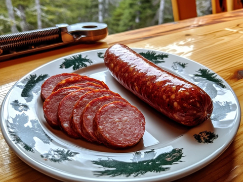 木桌白盘香肠切片绿黑纹