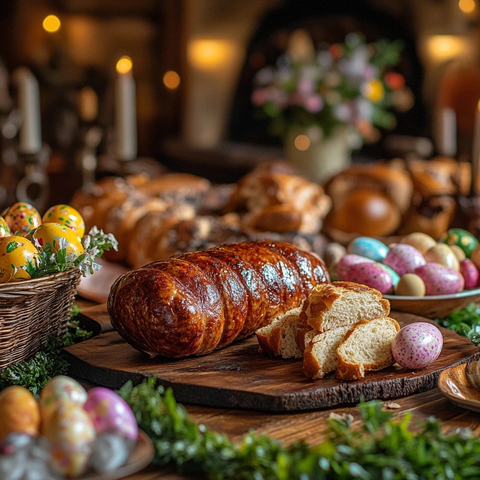 农家香肠配彩蛋与复活节面包