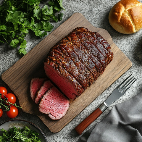 烤牛肉木板配香菜番茄刀叉