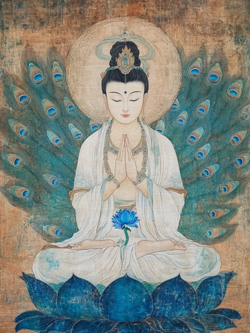 白衣女子莲花座上双手合十闭眼静坐图