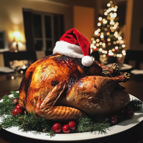 圣诞烤火鸡戴圣诞帽