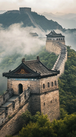 云雾缭绕中的雄伟长城远景图