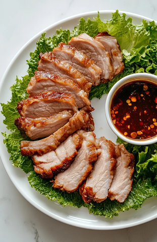 白瓷盘猪肉片与酱料