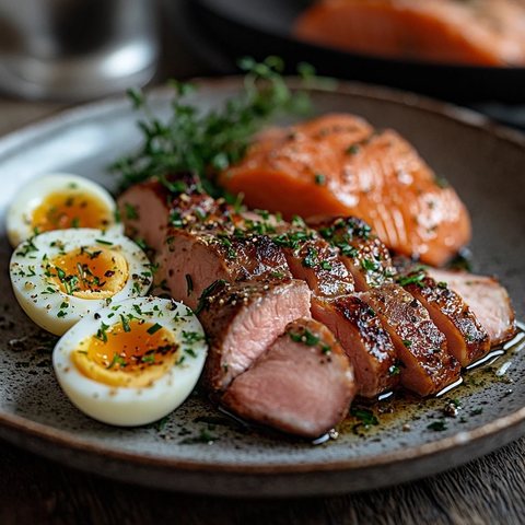 煮肉煮蛋配蒸鲑鱼