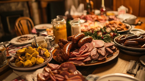 香肠火腿培根丰盛餐桌