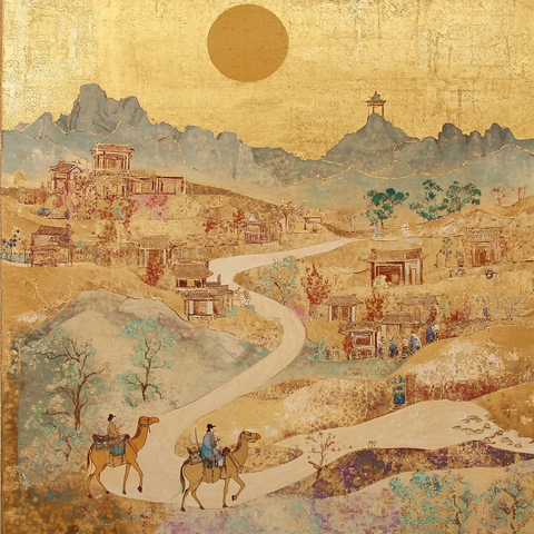 古村落中两人骑马行走的景象