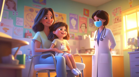 妈妈抱着女儿在医生办公室