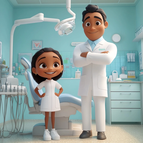 女孩微笑站在牙医旁