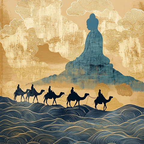 沙漠中骆驼队与大佛的艺术画面