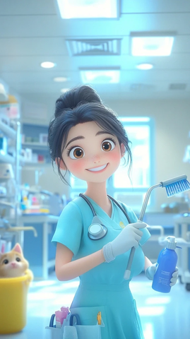 宠物医院清洁员与可爱宠物