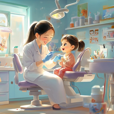女牙医为儿童进行牙齿治疗