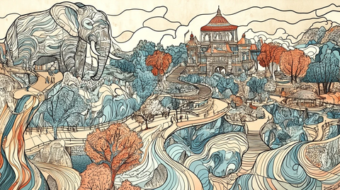 大象与古建筑构成的特色景观图