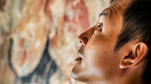 男子仰头观看壁画