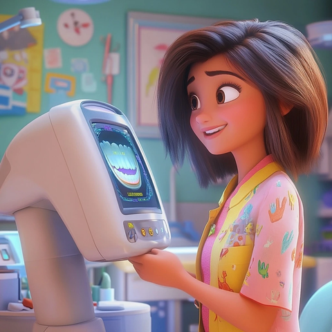 女牙医操作全景牙齿扫描机