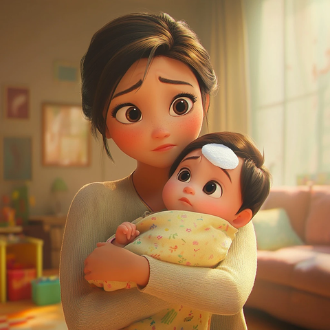 母亲抱婴儿贴退热贴