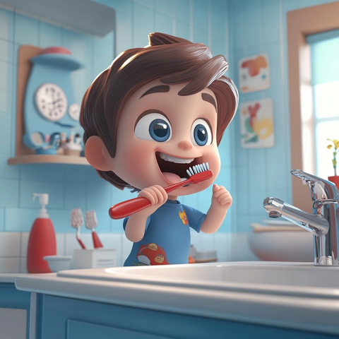 男孩刷牙红色牙膏蓝色衣服