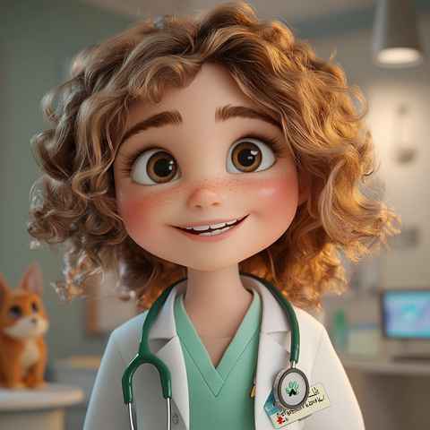 小女孩穿兽医服照顾小动物