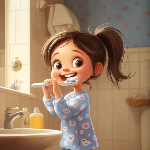 女孩扎马尾穿睡衣刷牙