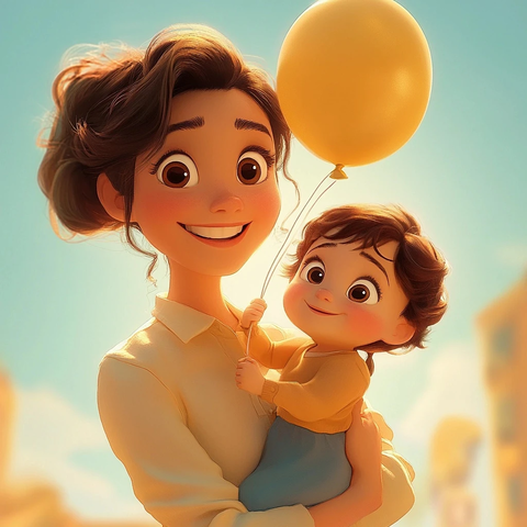 年轻女子抱婴儿握气球