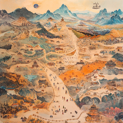 古代山川城镇全景图尽显繁华景象