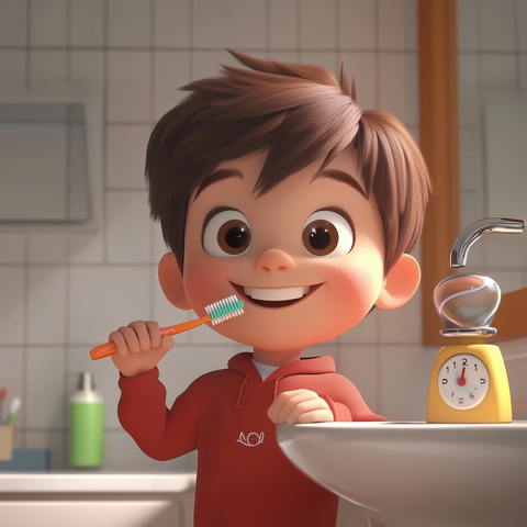 孩子刷牙用计时器微笑照镜子