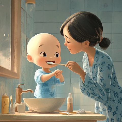 小男孩刷牙母亲陪伴