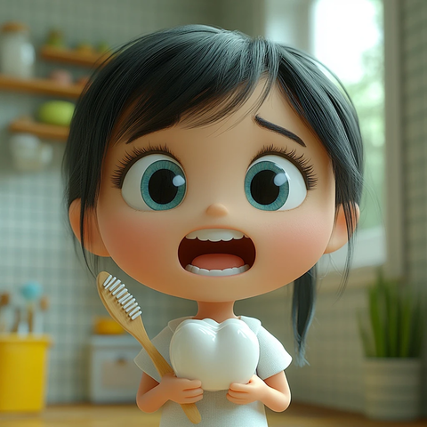 女孩惊恐表情手握牙刷牙膏