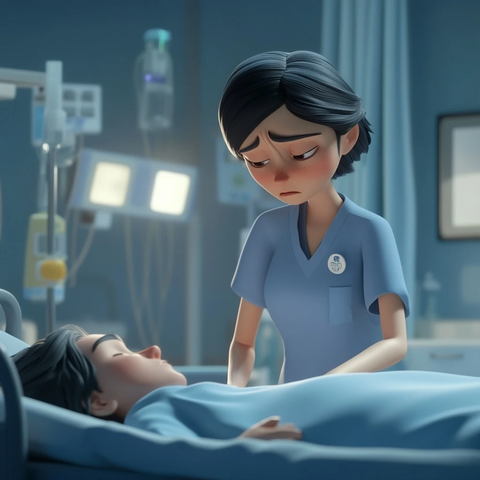 疲惫护士调整卧床病人姿势