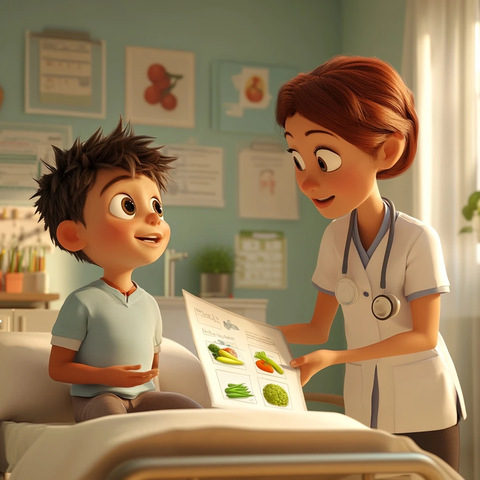 男孩看蔬菜图护士交谈