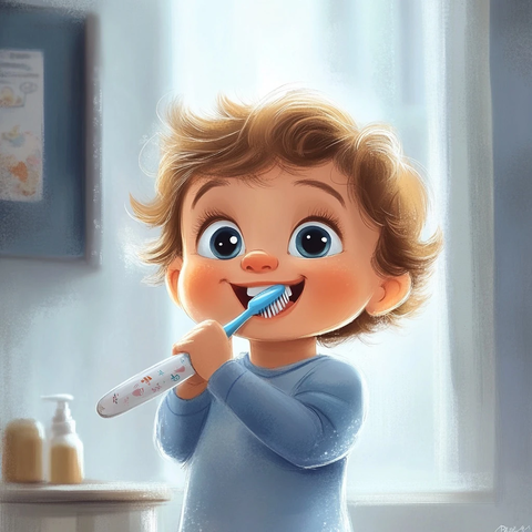 幼儿刷牙迪士尼风格插图