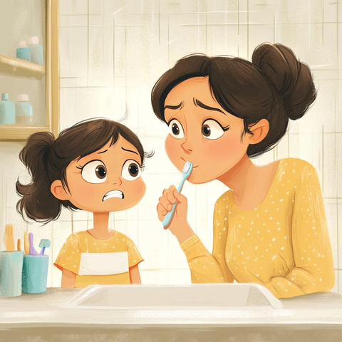 小女孩皱眉面对牙刷妈妈鼓励