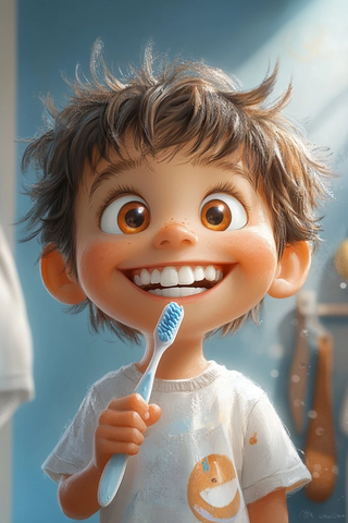 小孩微笑握牙刷