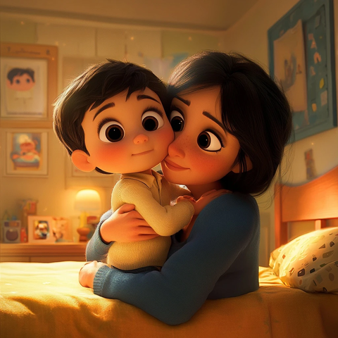 男孩抱母亲床边温馨一刻