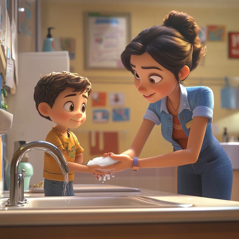 女教师教孩子洗手