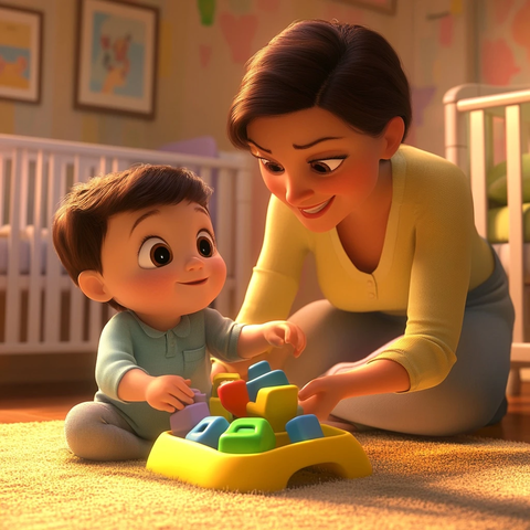 母亲与儿子玩形状分类玩具