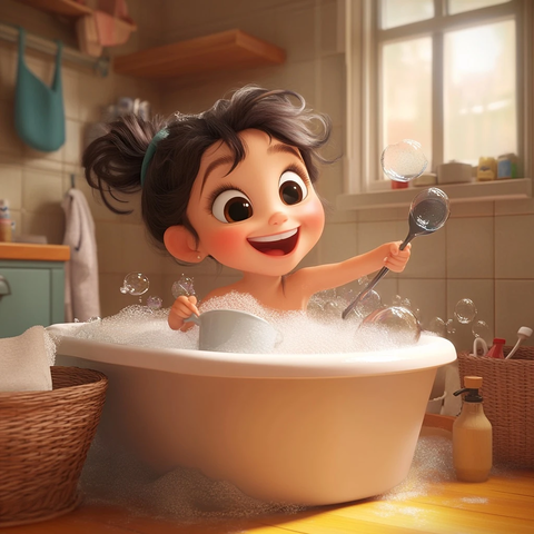 女孩浴缸玩锅勺泡泡