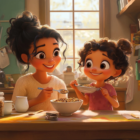 母女共进早餐女儿手持大勺