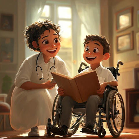 男孩轮椅上听护士读书